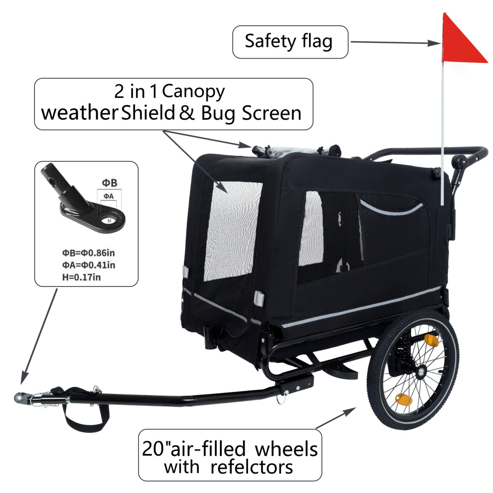 Extra Large 2-in-1 Bike Trailer & Push Cart for Pets - Detachable Bike Hitch & Push Handle Included , Quick ReleaseAll-Terrain Wheels , Non-Slip Floor, Internal Leash, Holds Up to 88 lbs, Black- Beige