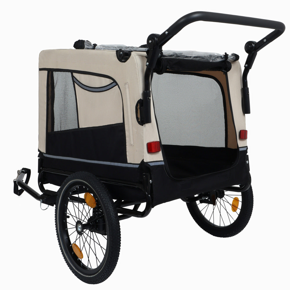 Extra Large 2-in-1 Bike Trailer & Push Cart for Pets - Detachable Bike Hitch & Push Handle Included , Quick ReleaseAll-Terrain Wheels , Non-Slip Floor, Internal Leash, Holds Up to 88 lbs, Black- Beige