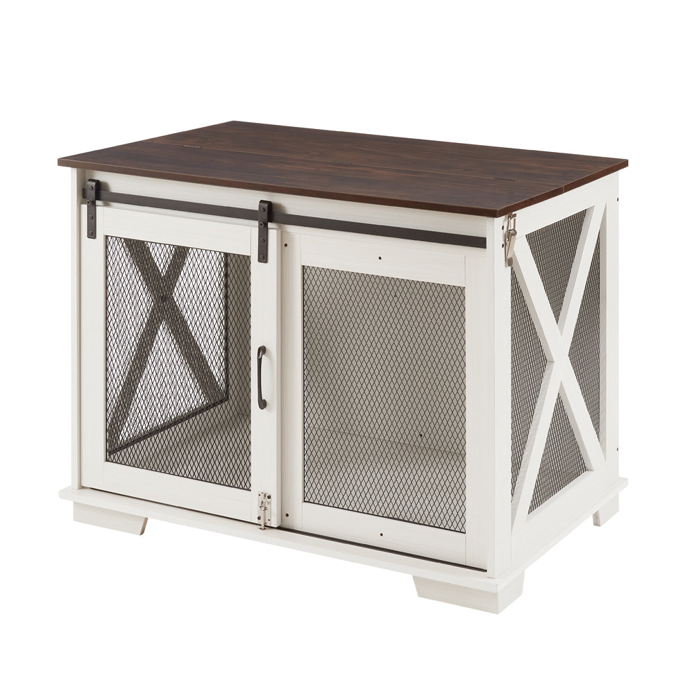 Farmhouse Dog Cage Crate Furniture with Sliding Barn Door,  Farmhouse Wooden Dog Kennel End Table with Flip-top Plate Dog House with Detachable Divider for Small/Medium/Large Dog Gray
