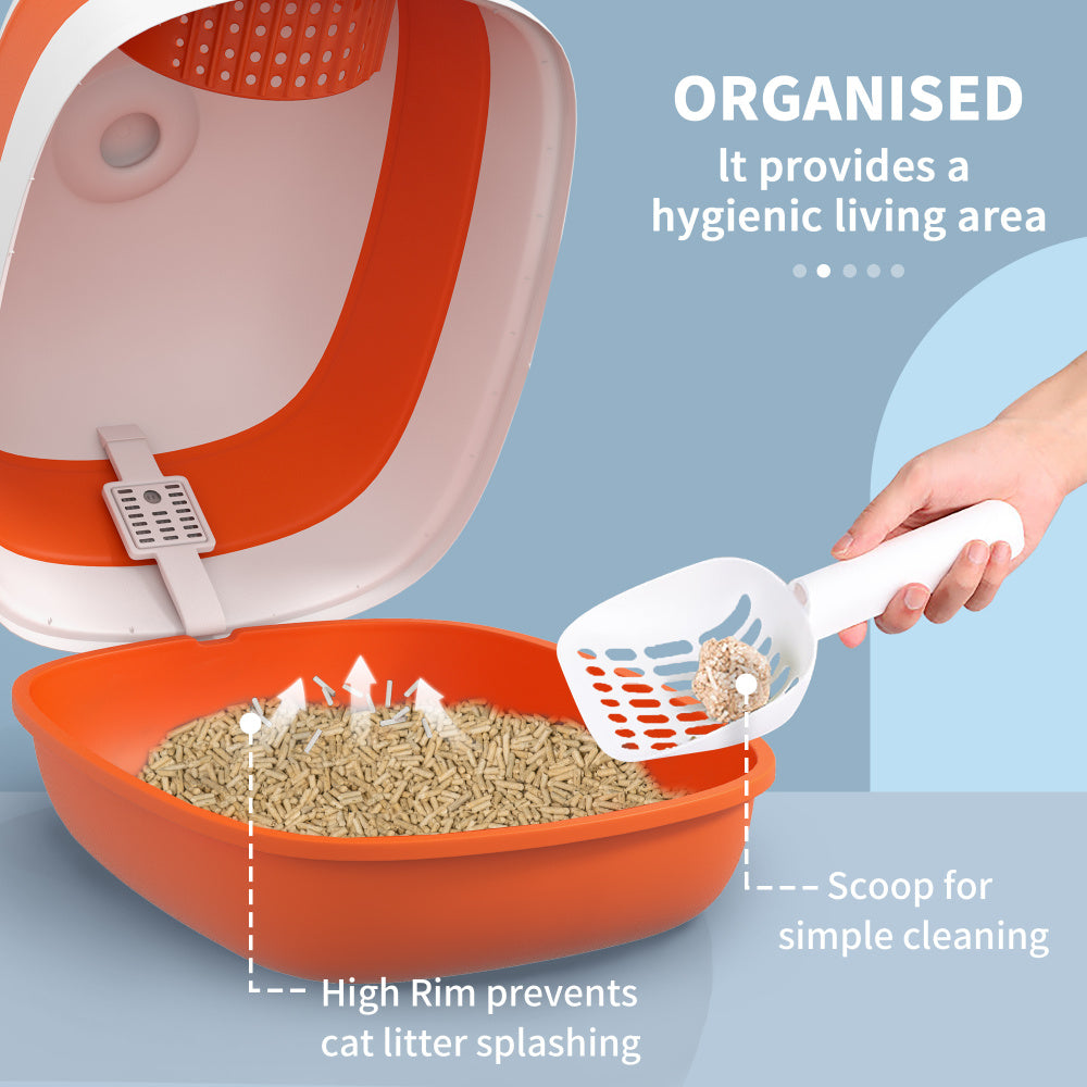 PawHut Cat Litter Box with Lid, Covered Litter Box w/ High Sides, Air Freshener, Large Two-Way Entrance Kitty Litter Box, Foldable, Easy Clean, Orange
