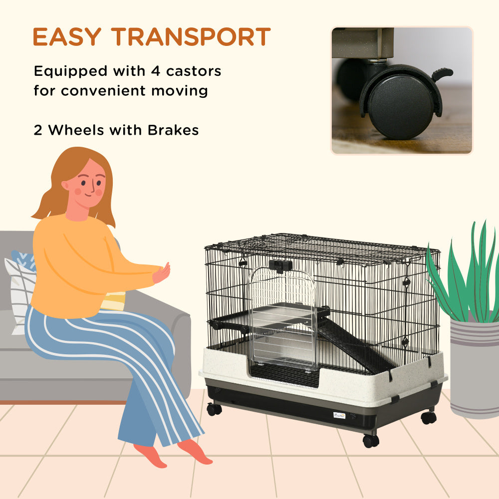 26" Small Animal Cage with Wheels, 2-Level Portable Bunny Cage, Chinchilla Ferret Cage with Removable Tray, Platform and Ramp