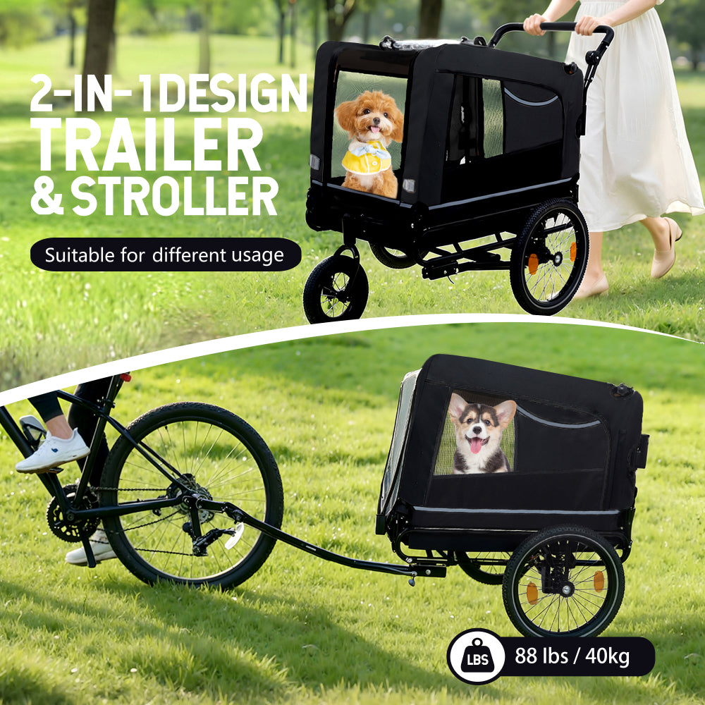 Extra Large 2-in-1 Bike Trailer & Push Cart for Pets - Detachable Bike Hitch & Push Handle Included , Quick ReleaseAll-Terrain Wheels , Non-Slip Floor, Internal Leash, Holds Up to 88 lbs, Black- Beige