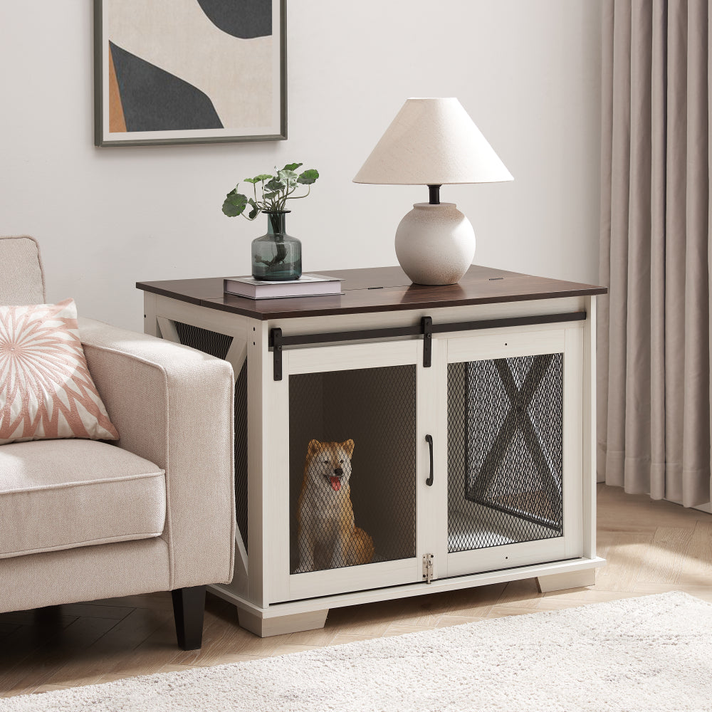 Farmhouse Dog Cage Crate Furniture with Sliding Barn Door,  Farmhouse Wooden Dog Kennel End Table with Flip-top Plate Dog House with Detachable Divider for Small/Medium/Large Dog Gray