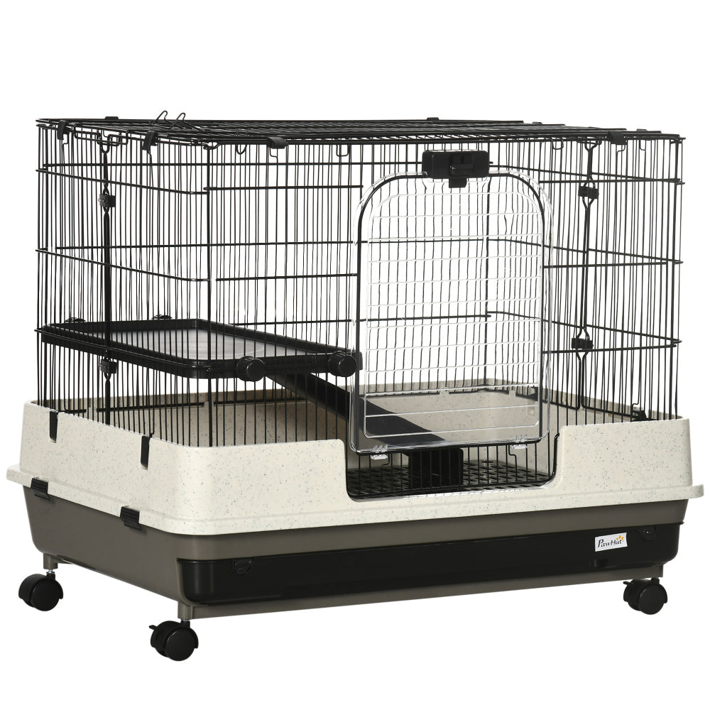 26" Small Animal Cage with Wheels, 2-Level Portable Bunny Cage, Chinchilla Ferret Cage with Removable Tray, Platform and Ramp