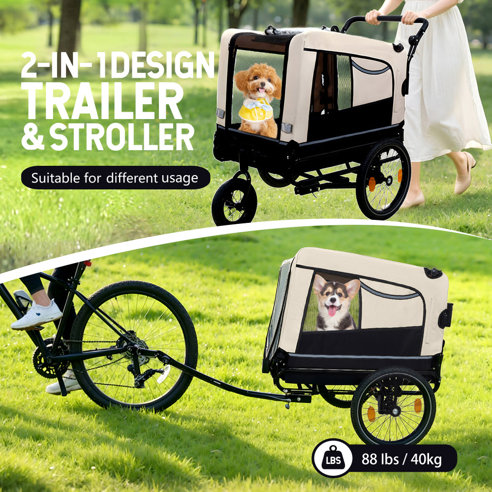 Extra Large 2-in-1 Bike Trailer & Push Cart for Pets - Detachable Bike Hitch & Push Handle Included , Quick ReleaseAll-Terrain Wheels , Non-Slip Floor, Internal Leash, Holds Up to 88 lbs, Black- Beige