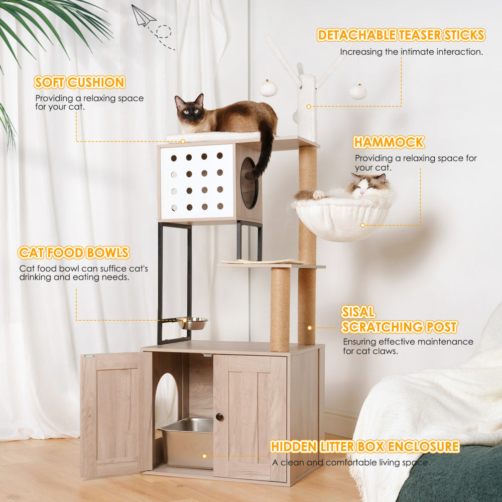Cat Tree with Litter Box Enclosure - Modern Cat Condo with Scratching Posts, Feeding Bowl & Removable Pompom Sticks, Gray