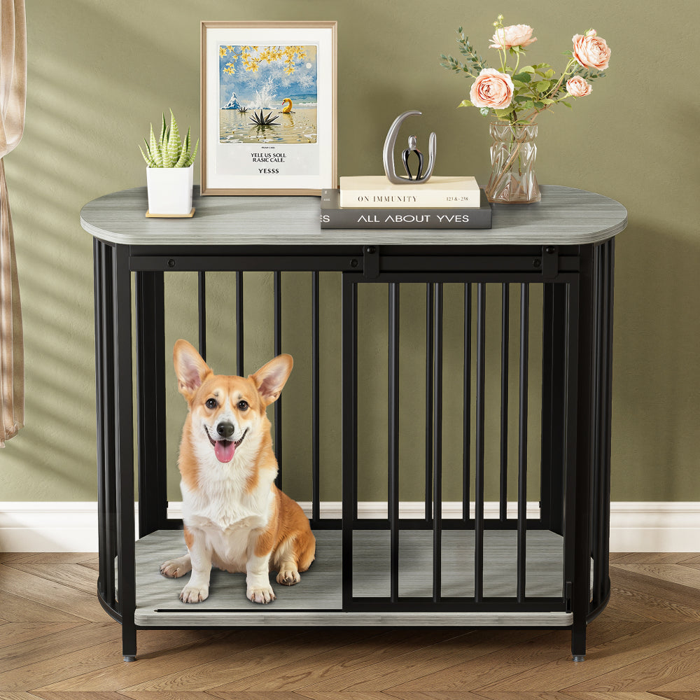 GO 31.5" Furniture Style Dog Crate for Small and Medium Dogs, Wooden Cage Indoor Kennel Furniture, Modern Dog Crate End Table with Double-Doors, Gray