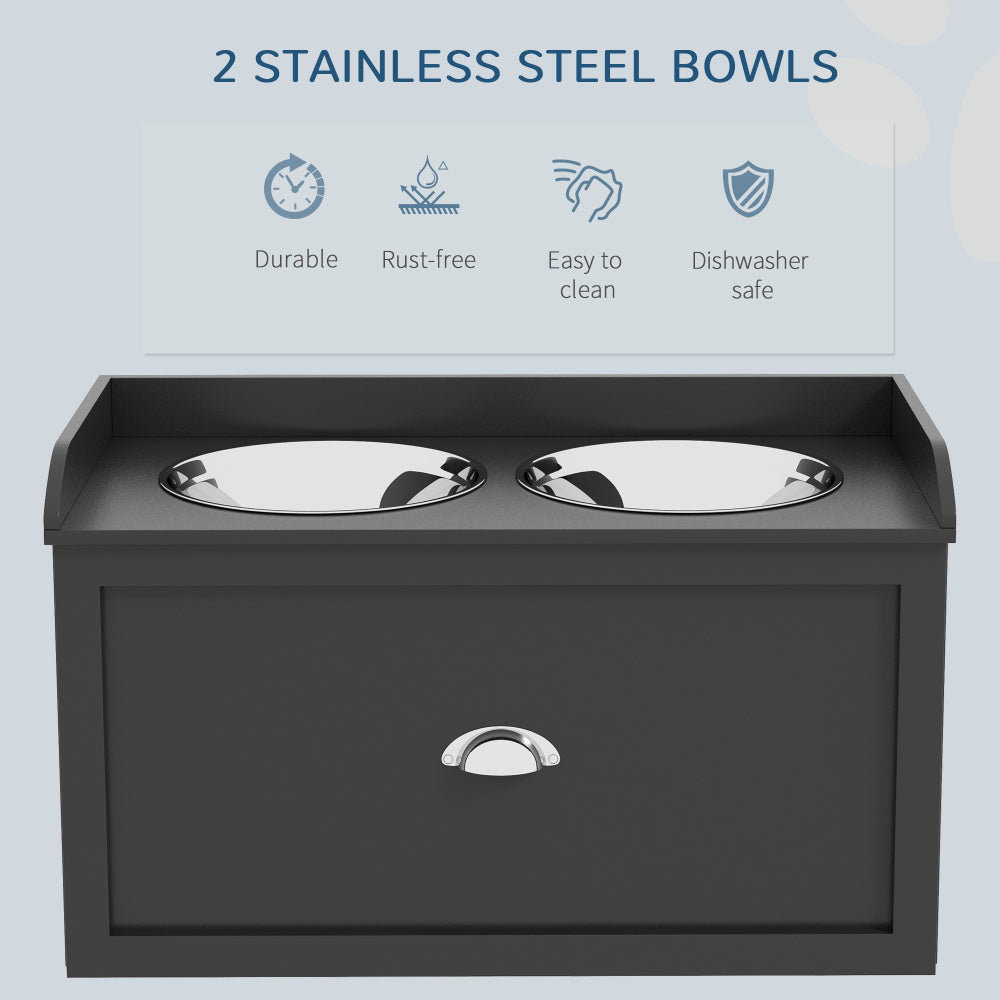 PawHut Dog Feeding Station with Storage Drawer, Dog Food Storage Cabinet with 2 Removable Elevated Dog Bowls for Large Sized Dogs, Black