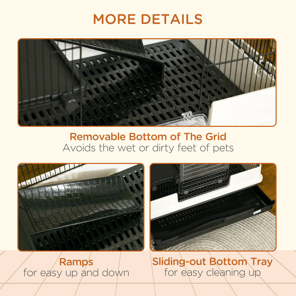 26" Small Animal Cage with Wheels, 2-Level Portable Bunny Cage, Chinchilla Ferret Cage with Removable Tray, Platform and Ramp