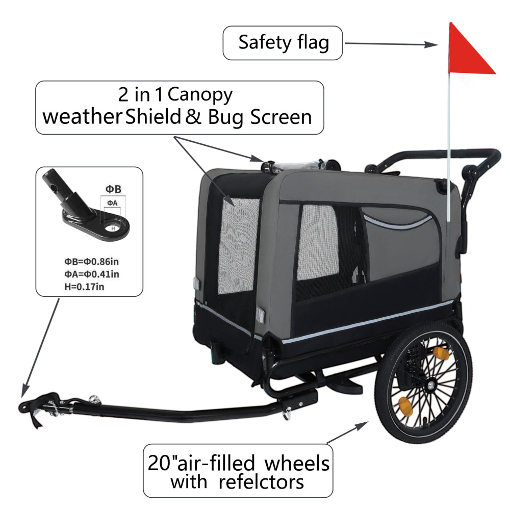 Extra Large 2-in-1 Bike Trailer & Push Cart for Pets - Detachable Bike Hitch & Push Handle Included , Quick ReleaseAll-Terrain Wheels , Non-Slip Floor, Internal Leash, Holds Up to 88 lbs, Black- Beige