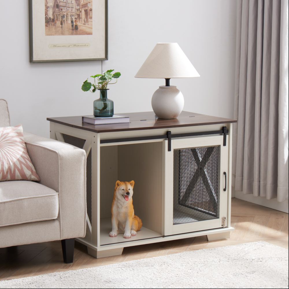 Farmhouse Dog Cage Crate Furniture with Sliding Barn Door,  Farmhouse Wooden Dog Kennel End Table with Flip-top Plate Dog House with Detachable Divider for Small/Medium/Large Dog Gray