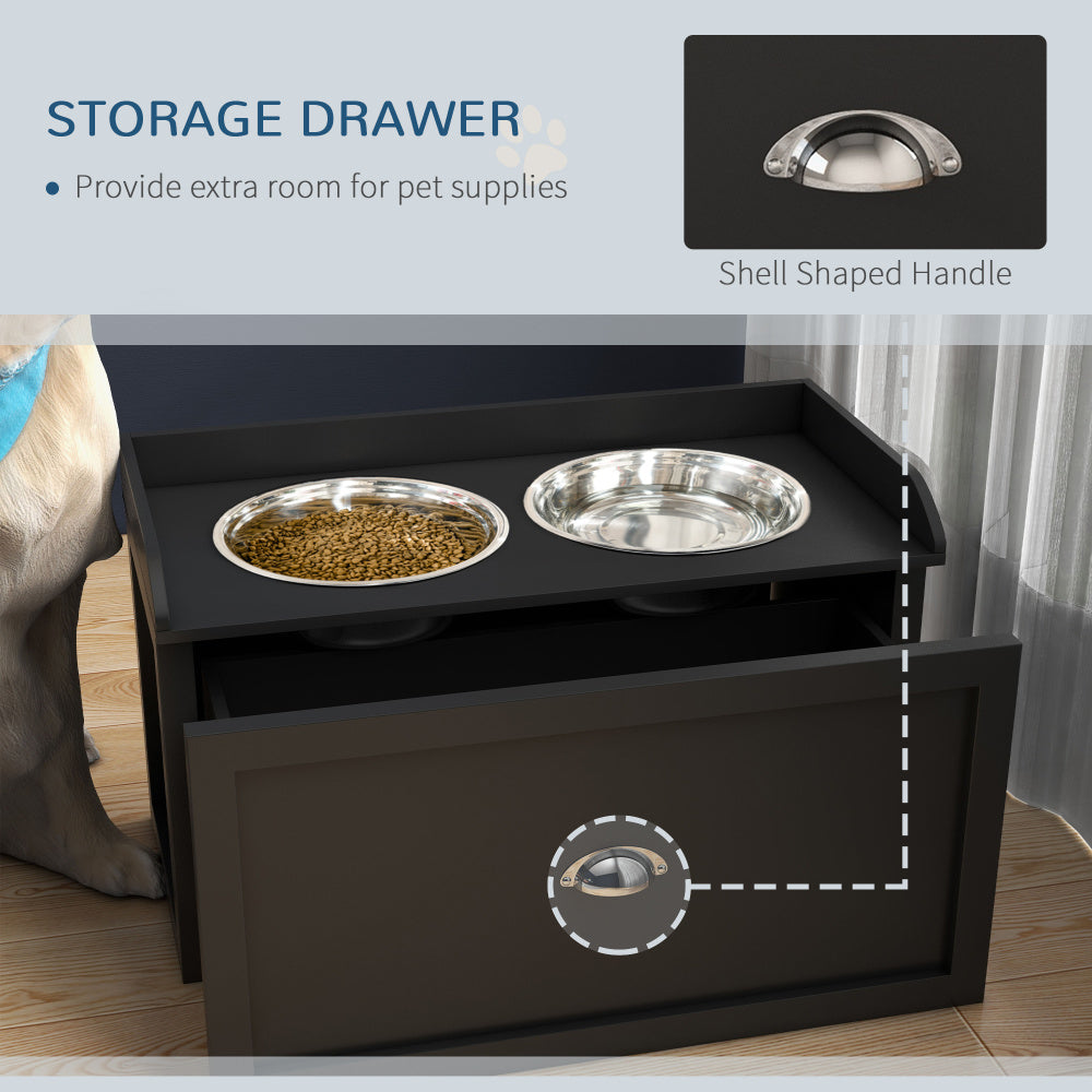 PawHut Dog Feeding Station with Storage Drawer, Dog Food Storage Cabinet with 2 Removable Elevated Dog Bowls for Large Sized Dogs, Black