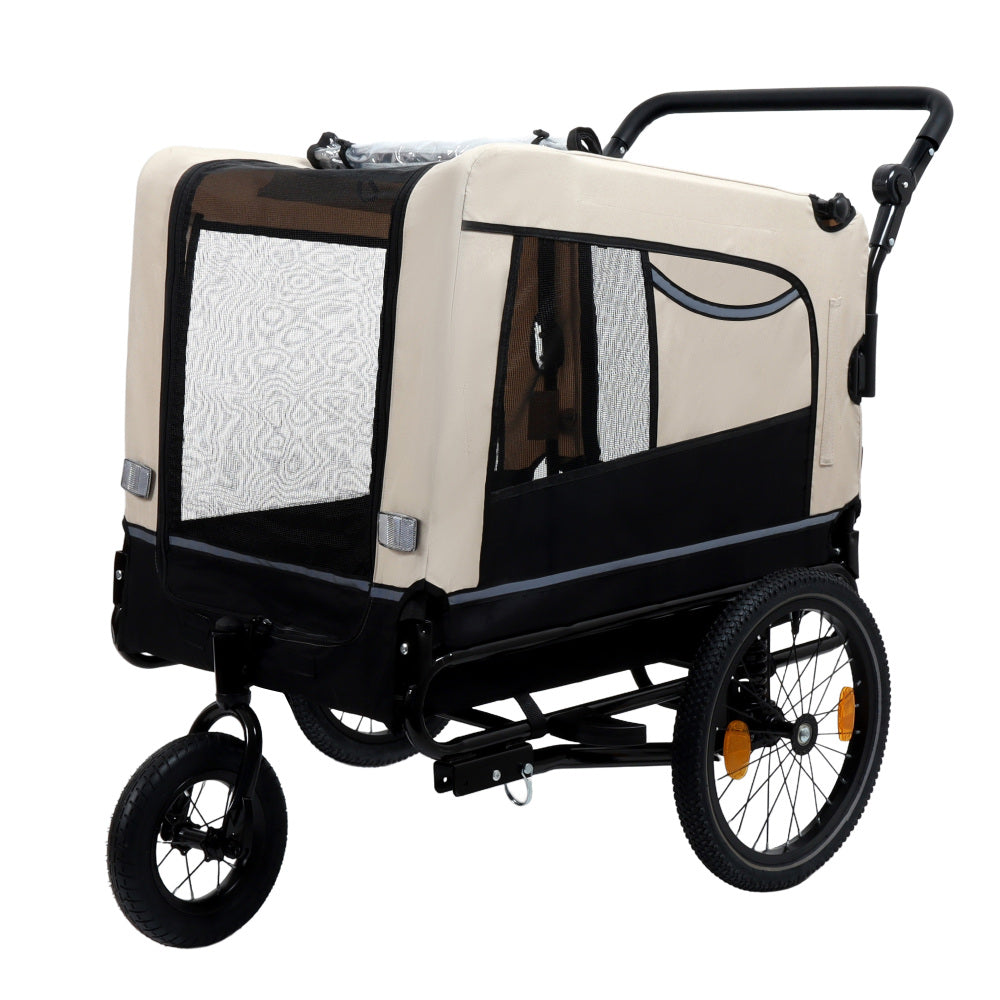 Extra Large 2-in-1 Bike Trailer & Push Cart for Pets - Detachable Bike Hitch & Push Handle Included , Quick ReleaseAll-Terrain Wheels , Non-Slip Floor, Internal Leash, Holds Up to 88 lbs, Black- Beige