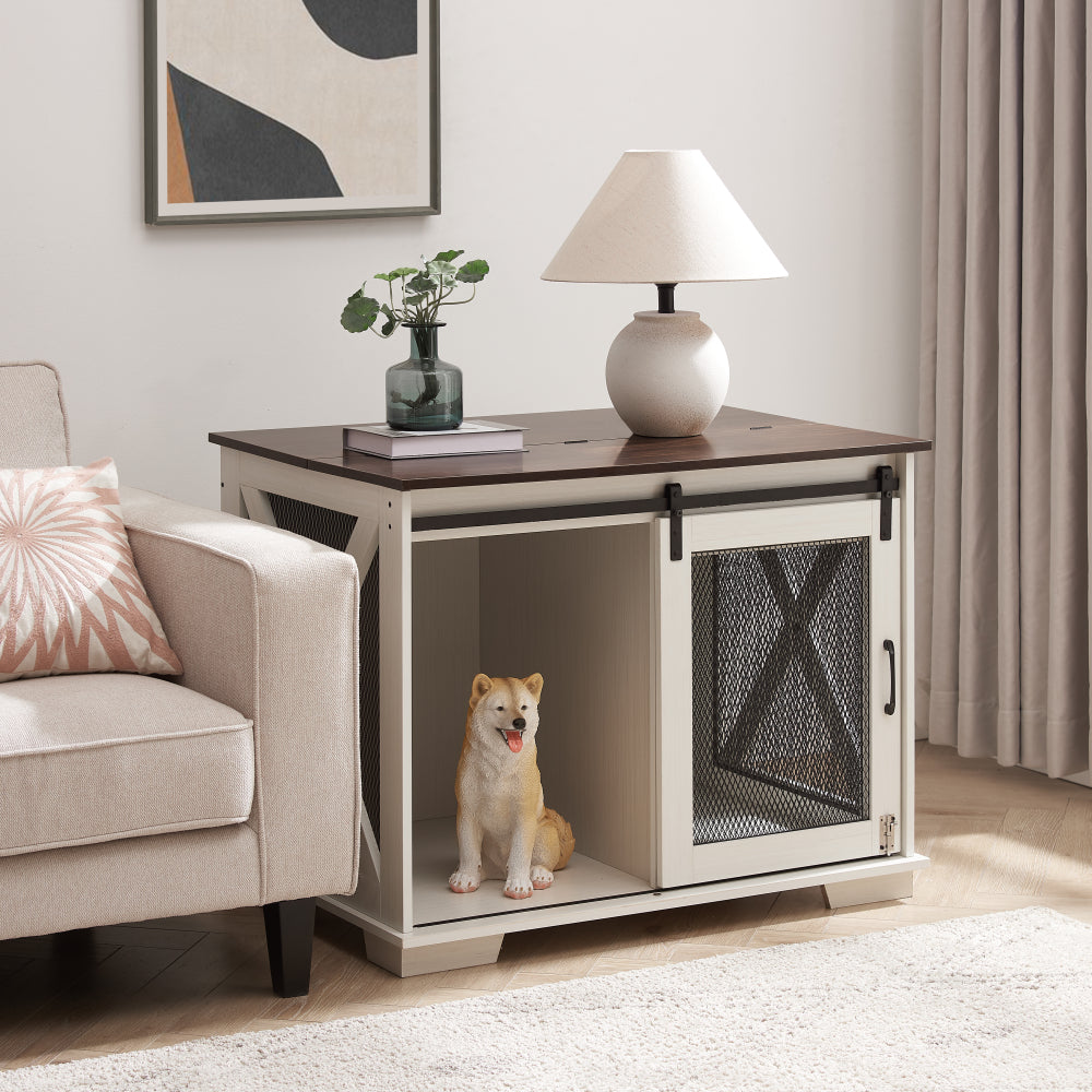 Farmhouse Dog Cage Crate Furniture with Sliding Barn Door,  Farmhouse Wooden Dog Kennel End Table with Flip-top Plate Dog House with Detachable Divider for Small/Medium/Large Dog Gray