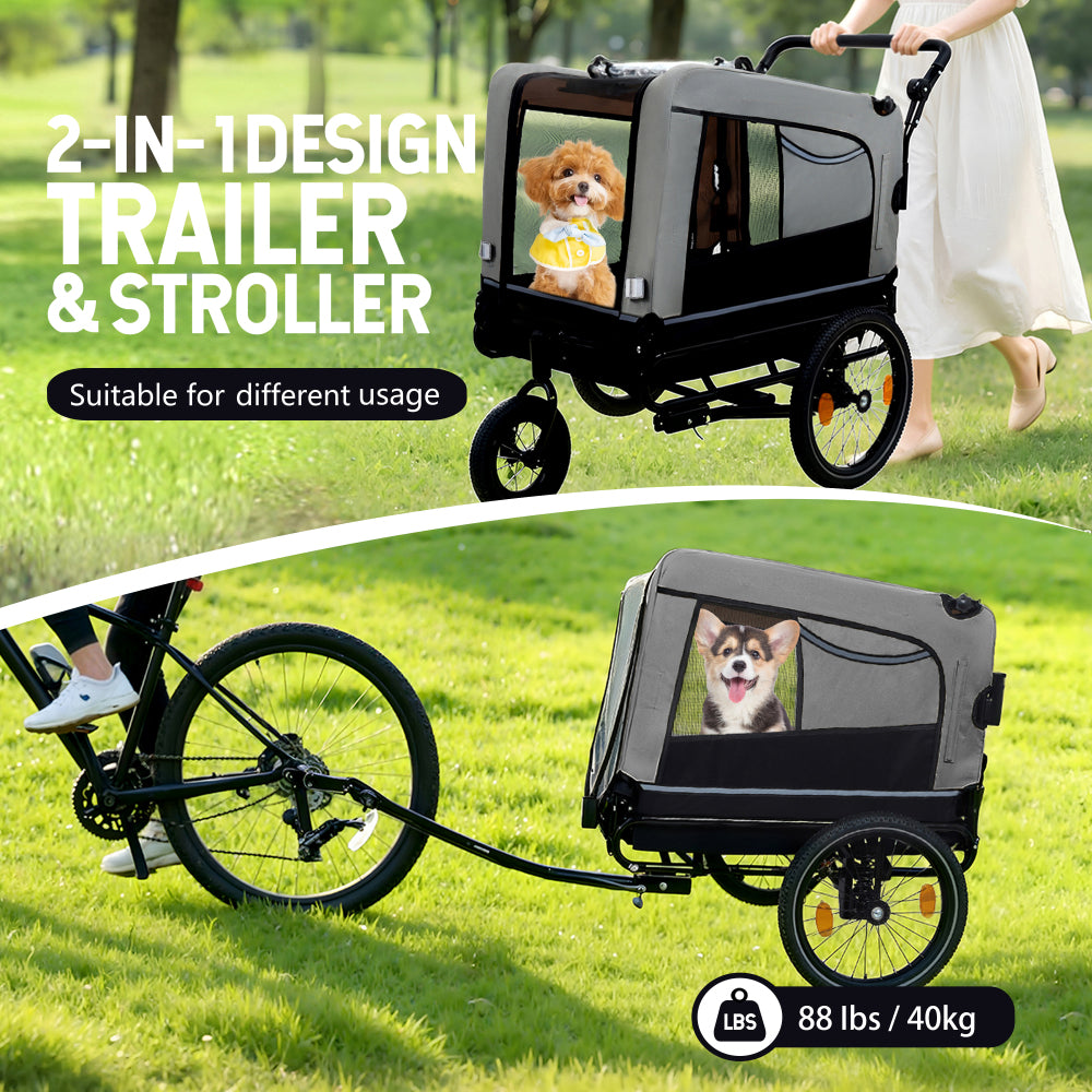 Extra Large 2-in-1 Bike Trailer & Push Cart for Pets - Detachable Bike Hitch & Push Handle Included , Quick ReleaseAll-Terrain Wheels , Non-Slip Floor, Internal Leash, Holds Up to 88 lbs, Black- Beige