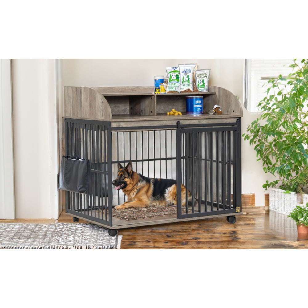 GO 44'' Heavy Duty Large Dog Crate Furniture for Large Medium Dog with Lockable Wheels, Wooden Dog Crate Dog Kennel, End Table Crate with Double layer storage, Brown