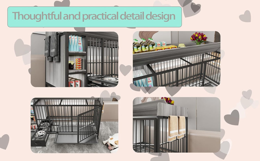Furniture-Style Large Dog Crate w/Storage Shelves & Drawers, Stainless Steel Bowls, Iron-MDF Indoor Kennel 57”Lx23.6”Wx29”H Grey Single-Tier Pet Home