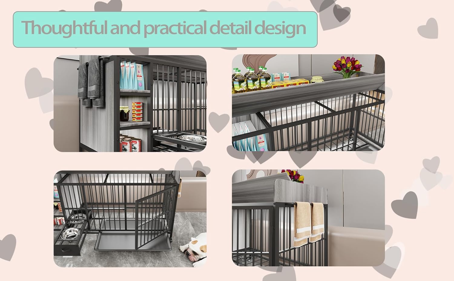 Furniture-Style Large Dog Crate w/Storage Shelves & Drawers, Stainless Steel Bowls, Iron-MDF Indoor Kennel 57”Lx23.6”Wx29”H Grey Single-Tier Pet Home