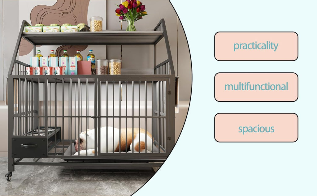 Furniture-Style Large Dog Crate w/Storage Shelves & Drawers, Stainless Steel Bowls, Iron-MDF Indoor Kennel 57”Lx23.6”Wx29”H Grey Single-Tier Pet Home