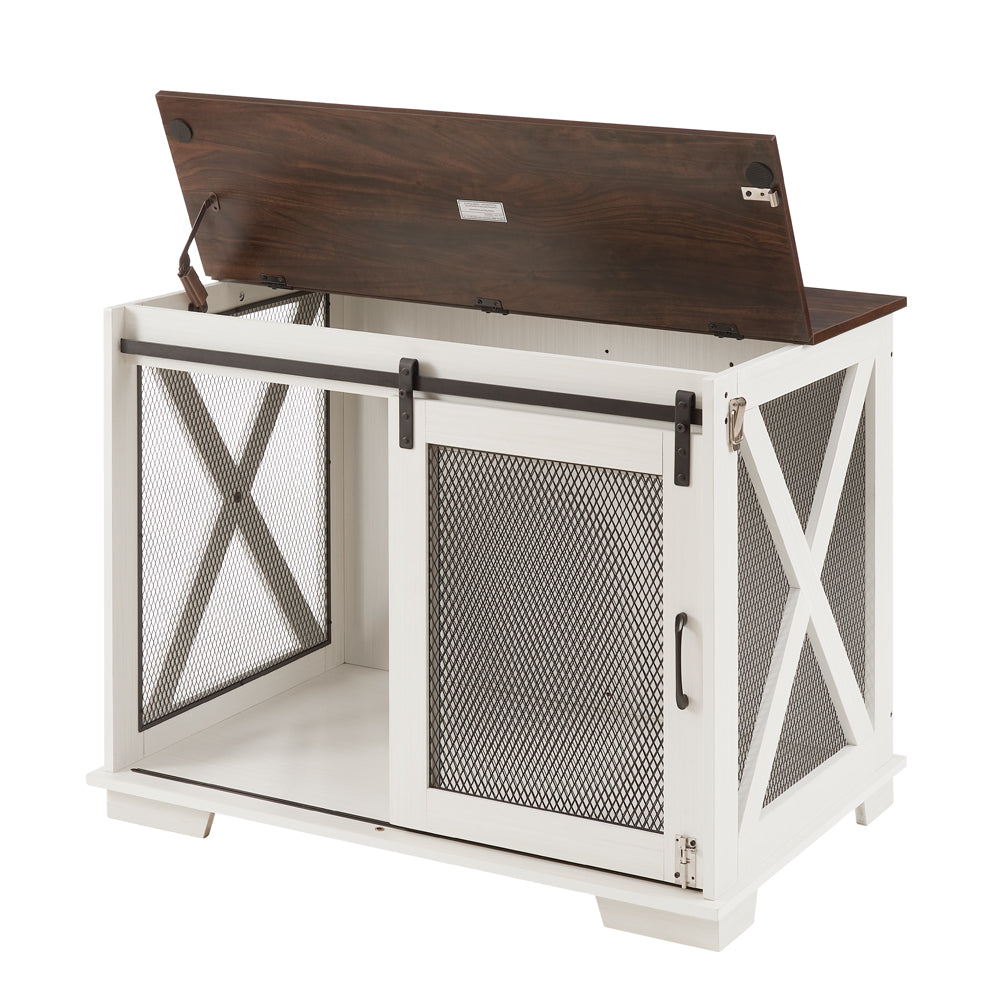 Farmhouse Dog Cage Crate Furniture with Sliding Barn Door,  Farmhouse Wooden Dog Kennel End Table with Flip-top Plate Dog House with Detachable Divider for Small/Medium/Large Dog Gray
