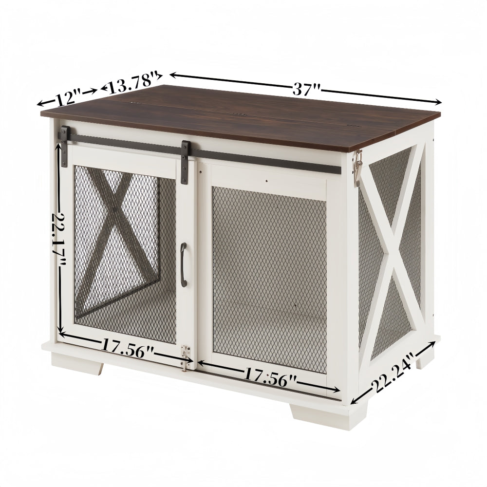 Farmhouse Dog Cage Crate Furniture with Sliding Barn Door,  Farmhouse Wooden Dog Kennel End Table with Flip-top Plate Dog House with Detachable Divider for Small/Medium/Large Dog Gray