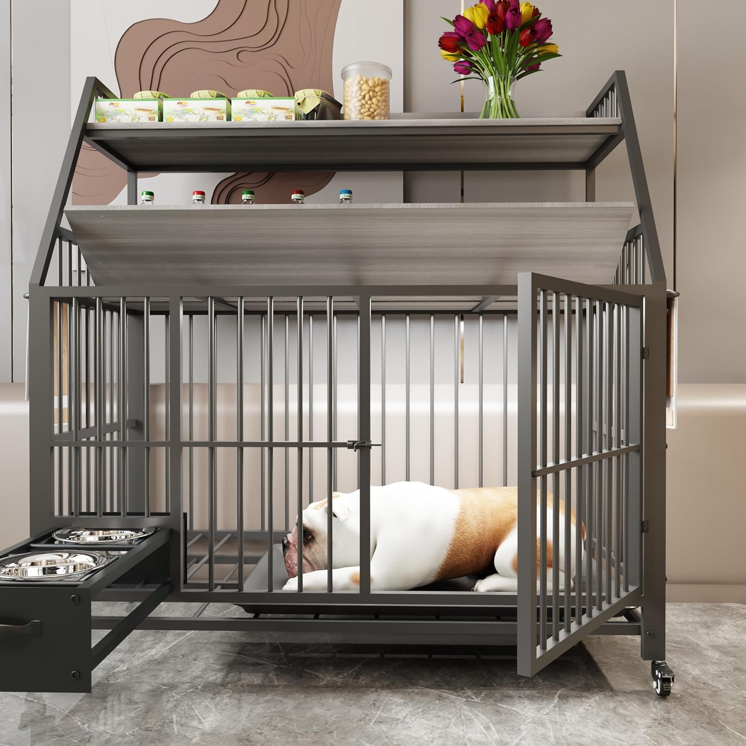 Furniture-Style Large Dog Crate w/Storage Shelves & Drawers, Stainless Steel Bowls, Iron-MDF Indoor Kennel 57”Lx23.6”Wx29”H Grey Single-Tier Pet Home