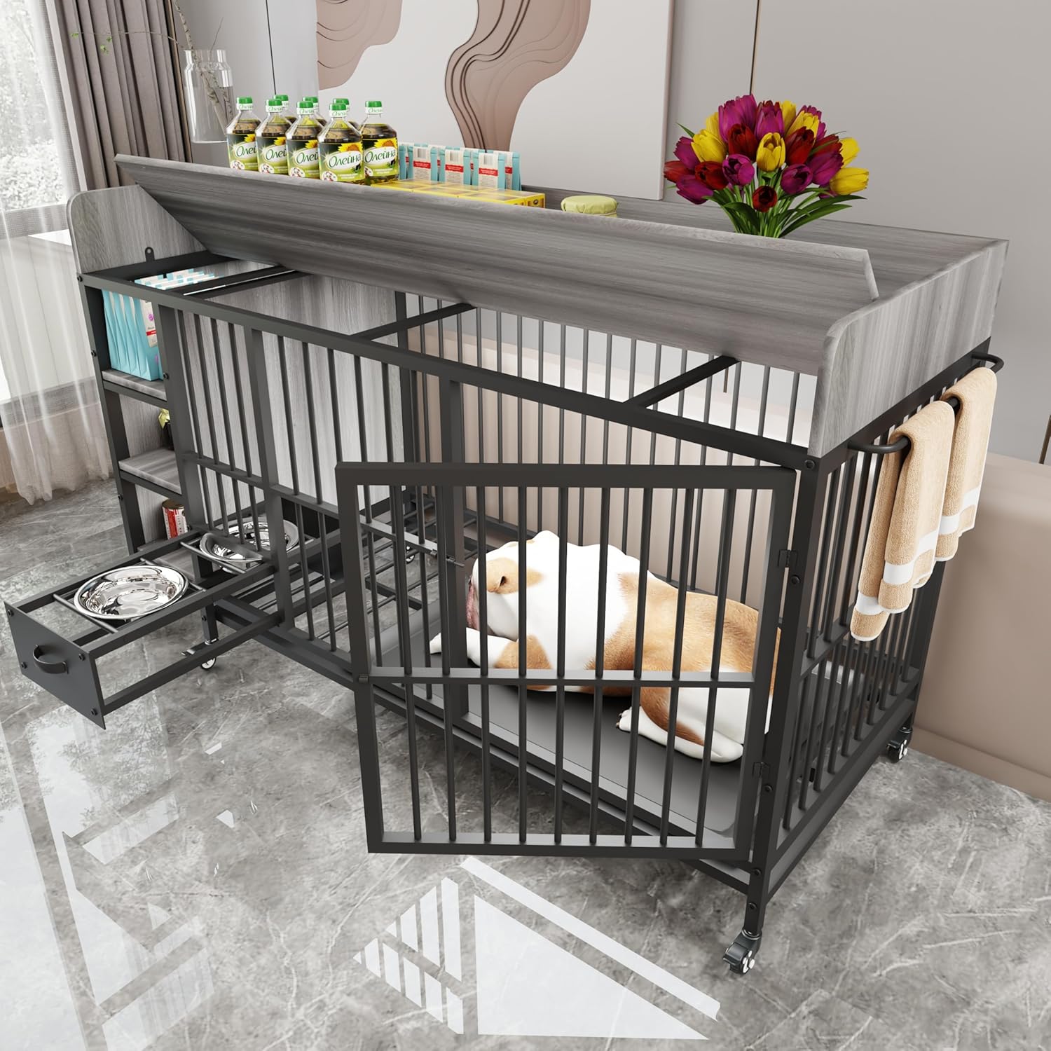 Furniture-Style Large Dog Crate w/Storage Shelves & Drawers, Stainless Steel Bowls, Iron-MDF Indoor Kennel 57”Lx23.6”Wx29”H Grey Single-Tier Pet Home