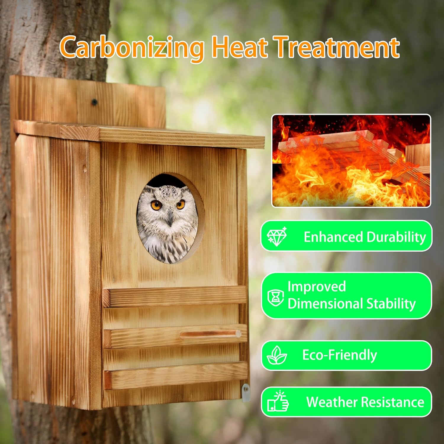 Large Owl House Outdoor (15x9x7.6 in) - Carbonized Cedar Nesting Box w/Wood Shavings | Easy Assembly Wildlife Habitat for Gardens, Backyards