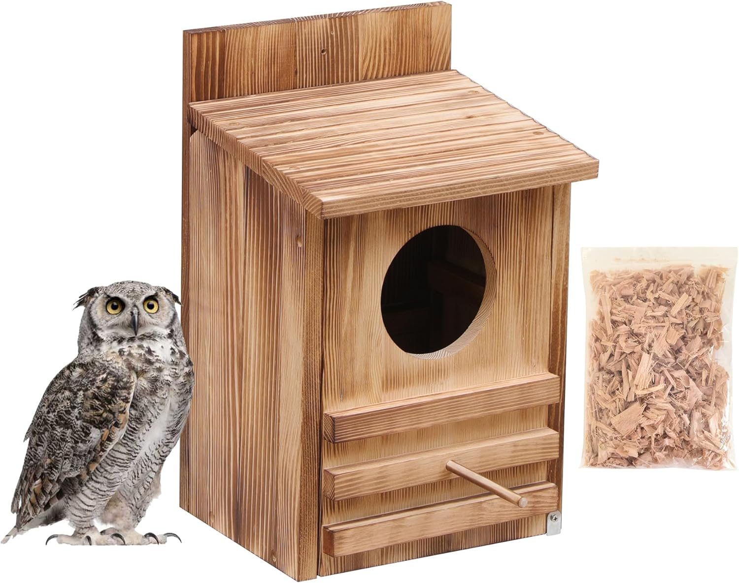 Large Owl House Outdoor (15x9x7.6 in) - Carbonized Cedar Nesting Box w/Wood Shavings | Easy Assembly Wildlife Habitat for Gardens, Backyards