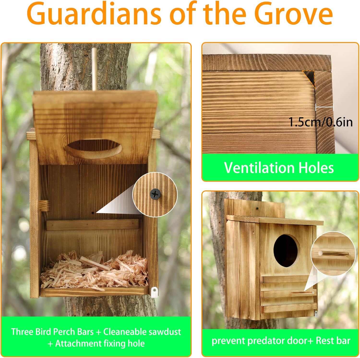 Large Owl House Outdoor (15x9x7.6 in) - Carbonized Cedar Nesting Box w/Wood Shavings | Easy Assembly Wildlife Habitat for Gardens, Backyards