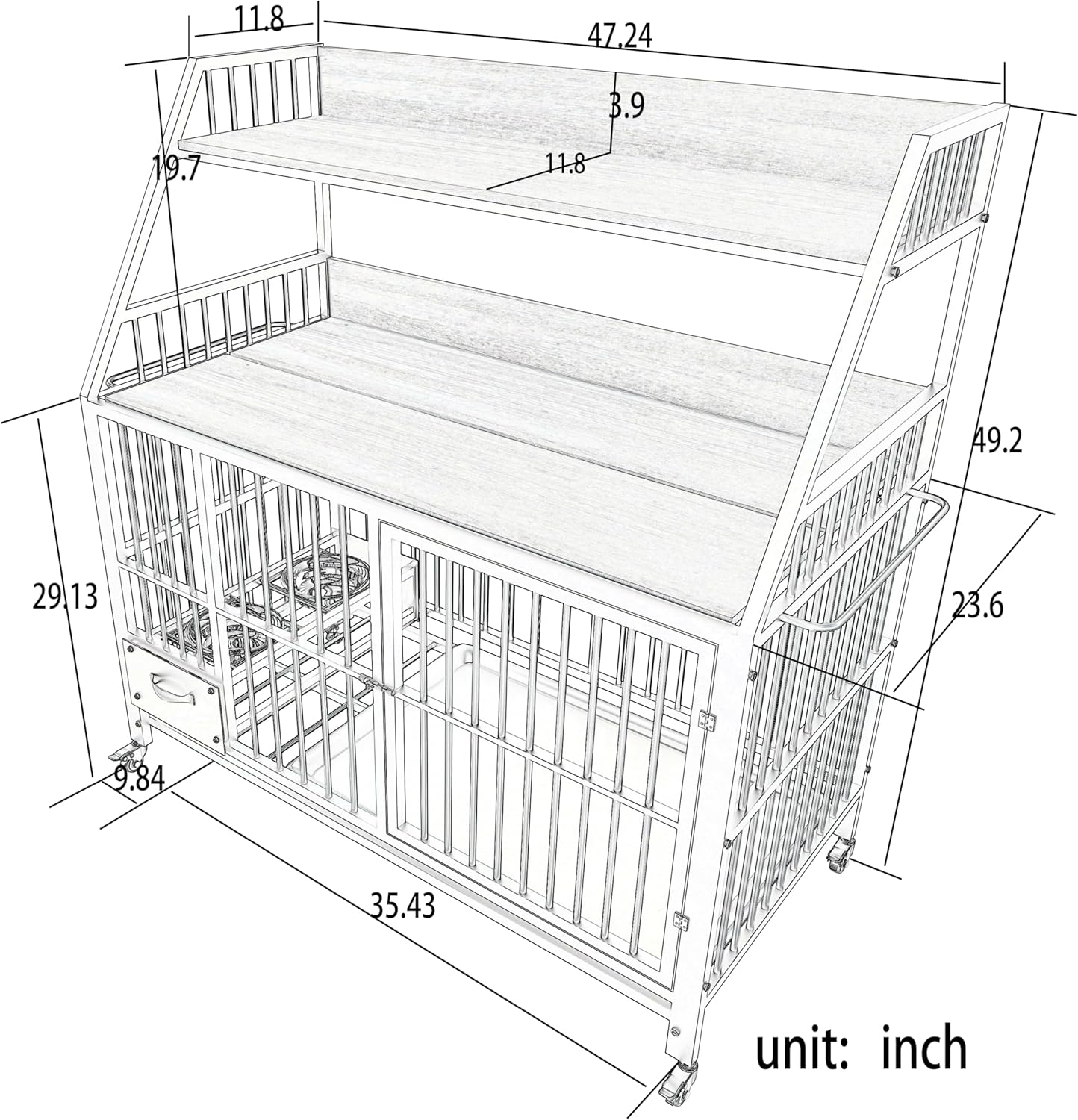 Furniture-Style Large Dog Crate w/Storage Shelves & Drawers, Stainless Steel Bowls, Iron-MDF Indoor Kennel 57”Lx23.6”Wx29”H Grey Single-Tier Pet Home