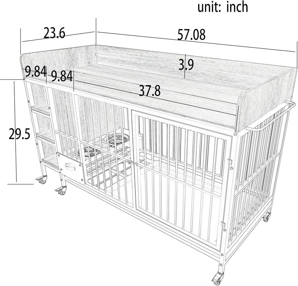 Furniture-Style Large Dog Crate w/Storage Shelves & Drawers, Stainless Steel Bowls, Iron-MDF Indoor Kennel 57”Lx23.6”Wx29”H Grey Single-Tier Pet Home