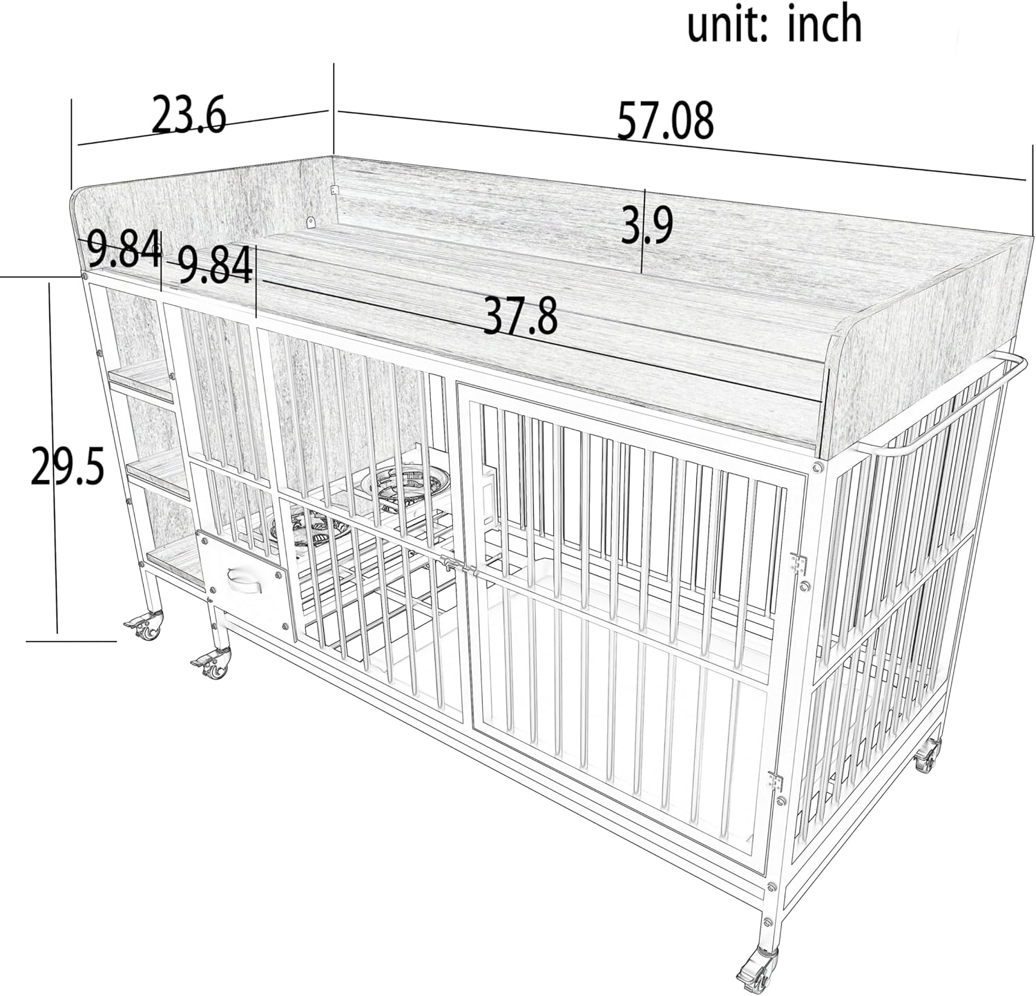 Furniture-Style Large Dog Crate w/Storage Shelves & Drawers, Stainless Steel Bowls, Iron-MDF Indoor Kennel 57”Lx23.6”Wx29”H Grey Single-Tier Pet Home