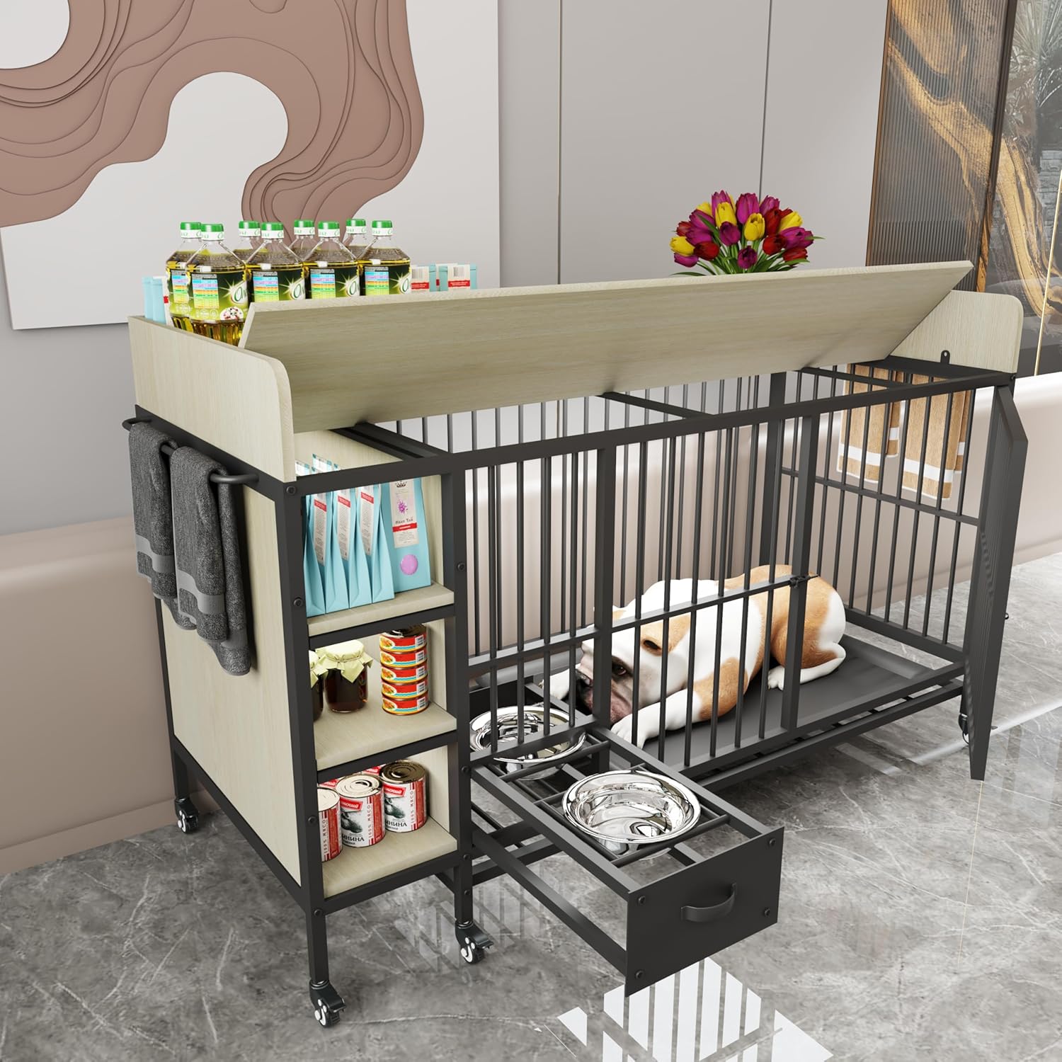 Furniture-Style Large Dog Crate w/Storage Shelves & Drawers, Stainless Steel Bowls, Iron-MDF Indoor Kennel 57”Lx23.6”Wx29”H Grey Single-Tier Pet Home