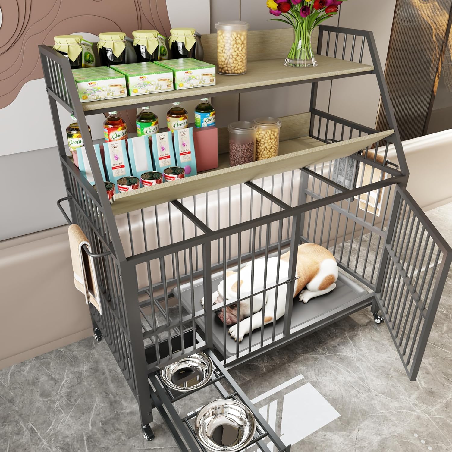 Furniture-Style Large Dog Crate w/Storage Shelves & Drawers, Stainless Steel Bowls, Iron-MDF Indoor Kennel 57”Lx23.6”Wx29”H Grey Single-Tier Pet Home