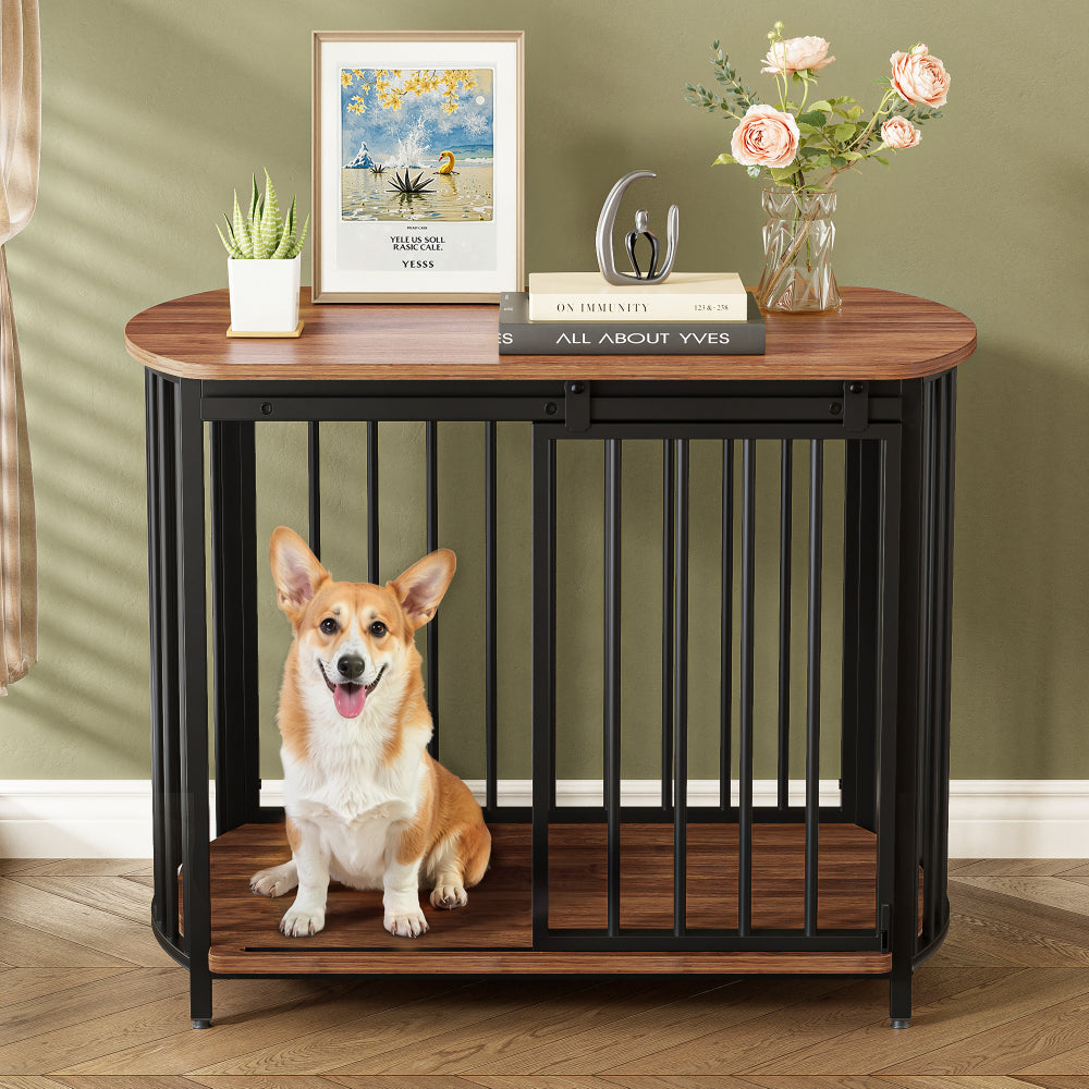 GO 31.5" Furniture Style Dog Crate for Small and Medium Dogs, Wooden Cage Indoor Kennel Furniture, Modern Dog Crate End Table with Double-Doors, Gray