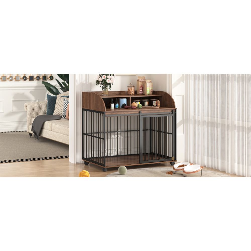 GO 44'' Heavy Duty Large Dog Crate Furniture for Large Medium Dog with Lockable Wheels, Wooden Dog Crate Dog Kennel, End Table Crate with Double layer storage, Brown