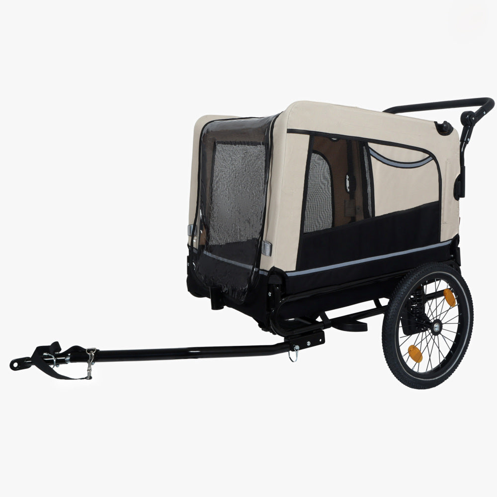 Extra Large 2-in-1 Bike Trailer & Push Cart for Pets - Detachable Bike Hitch & Push Handle Included , Quick ReleaseAll-Terrain Wheels , Non-Slip Floor, Internal Leash, Holds Up to 88 lbs, Black- Beige