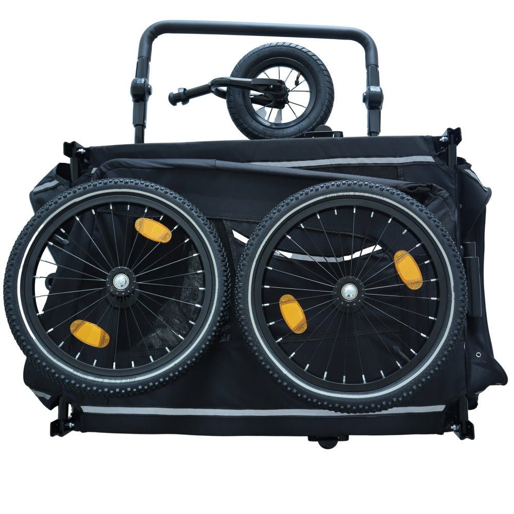 Extra Large 2-in-1 Bike Trailer & Push Cart for Pets - Detachable Bike Hitch & Push Handle Included , Quick ReleaseAll-Terrain Wheels , Non-Slip Floor, Internal Leash, Holds Up to 88 lbs, Black- Beige