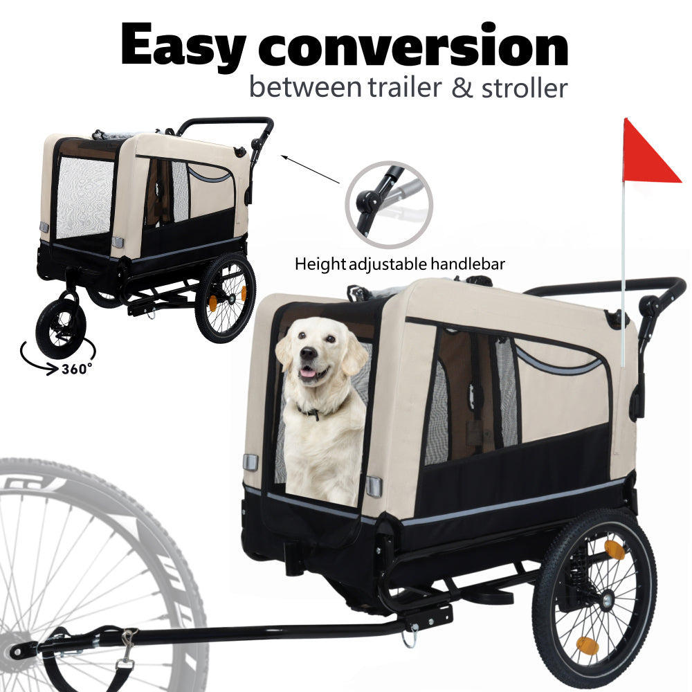 Extra Large 2-in-1 Bike Trailer & Push Cart for Pets - Detachable Bike Hitch & Push Handle Included , Quick ReleaseAll-Terrain Wheels , Non-Slip Floor, Internal Leash, Holds Up to 88 lbs, Black- Beige