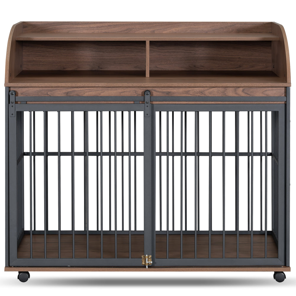 GO 44'' Heavy Duty Large Dog Crate Furniture for Large Medium Dog with Lockable Wheels, Wooden Dog Crate Dog Kennel, End Table Crate with Double layer storage, Brown