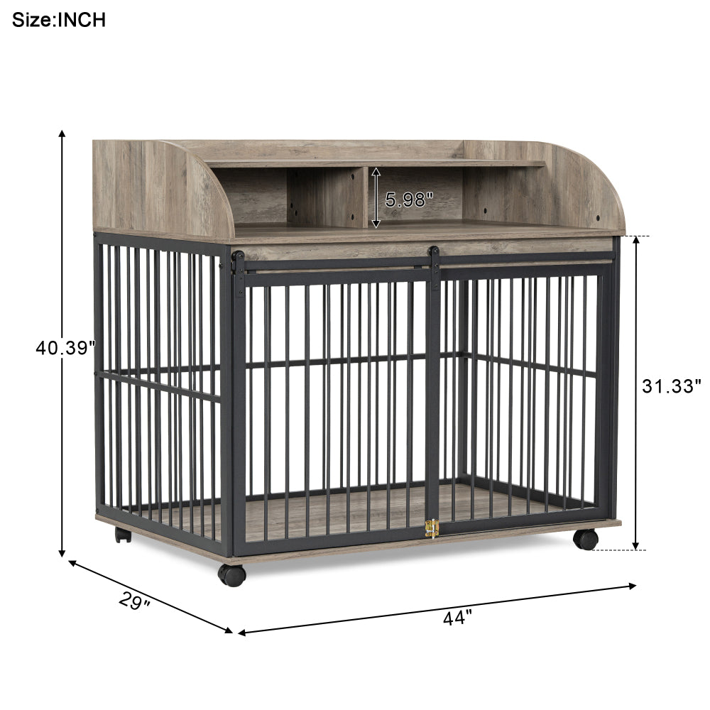 GO 44'' Heavy Duty Large Dog Crate Furniture for Large Medium Dog with Lockable Wheels, Wooden Dog Crate Dog Kennel, End Table Crate with Double layer storage, Brown