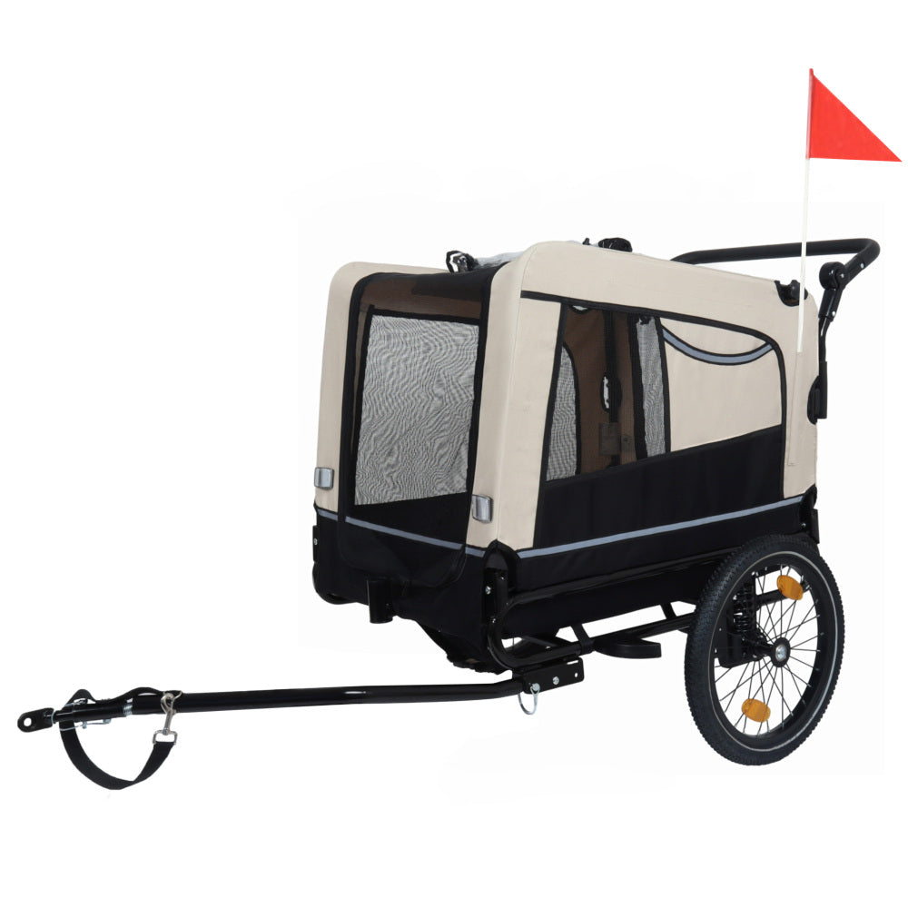 Extra Large 2-in-1 Bike Trailer & Push Cart for Pets - Detachable Bike Hitch & Push Handle Included , Quick ReleaseAll-Terrain Wheels , Non-Slip Floor, Internal Leash, Holds Up to 88 lbs, Black- Beige