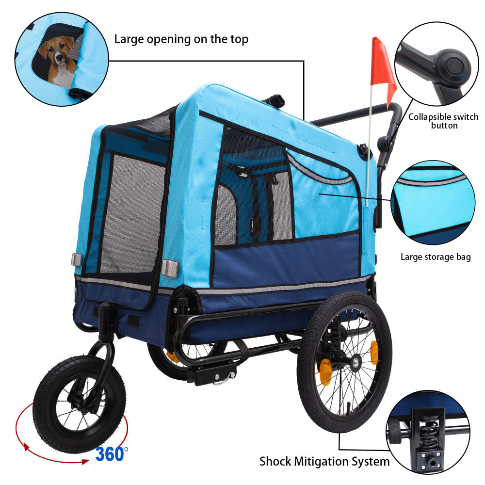 Extra Large 2-in-1 Bike Trailer & Push Cart for Pets - Detachable Bike Hitch & Push Handle Included , Quick ReleaseAll-Terrain Wheels , Non-Slip Floor, Internal Leash, Holds Up to 88 lbs, Black- Beige