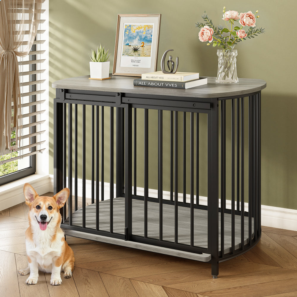 GO 31.5" Furniture Style Dog Crate for Small and Medium Dogs, Wooden Cage Indoor Kennel Furniture, Modern Dog Crate End Table with Double-Doors, Gray