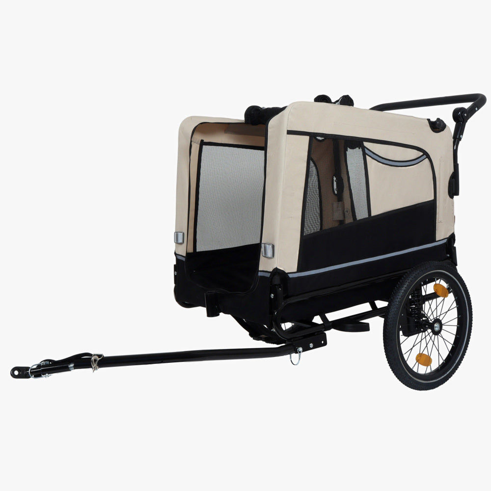 Extra Large 2-in-1 Bike Trailer & Push Cart for Pets - Detachable Bike Hitch & Push Handle Included , Quick ReleaseAll-Terrain Wheels , Non-Slip Floor, Internal Leash, Holds Up to 88 lbs, Black- Beige