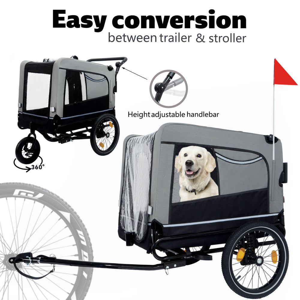 Extra Large 2-in-1 Bike Trailer & Push Cart for Pets - Detachable Bike Hitch & Push Handle Included , Quick ReleaseAll-Terrain Wheels , Non-Slip Floor, Internal Leash, Holds Up to 88 lbs, Black- Beige