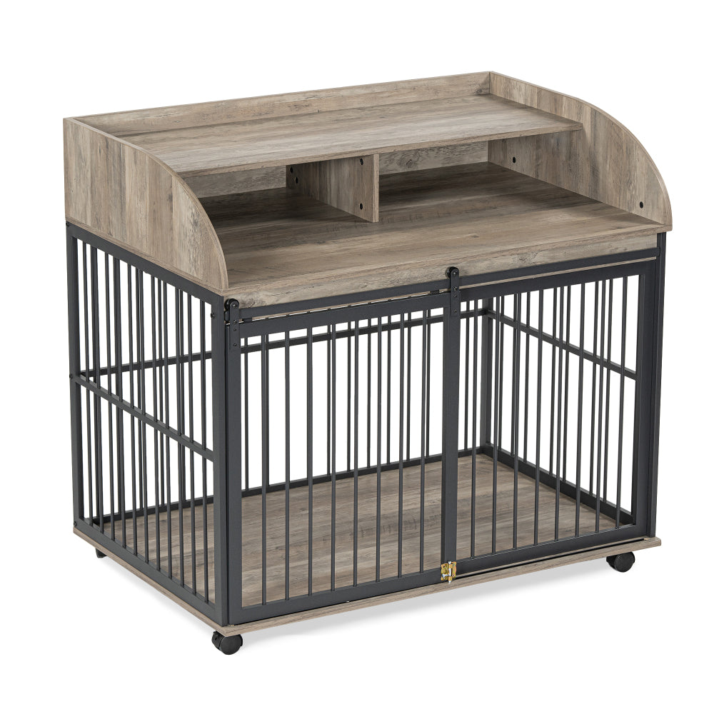 GO 44'' Heavy Duty Large Dog Crate Furniture for Large Medium Dog with Lockable Wheels, Wooden Dog Crate Dog Kennel, End Table Crate with Double layer storage, Brown