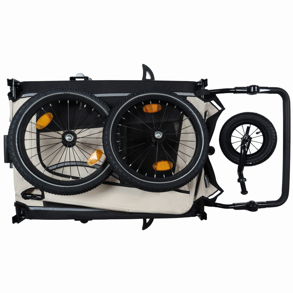 Extra Large 2-in-1 Bike Trailer & Push Cart for Pets - Detachable Bike Hitch & Push Handle Included , Quick ReleaseAll-Terrain Wheels , Non-Slip Floor, Internal Leash, Holds Up to 88 lbs, Black- Beige