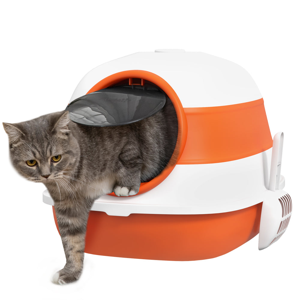 PawHut Cat Litter Box with Lid, Covered Litter Box w/ High Sides, Air Freshener, Large Two-Way Entrance Kitty Litter Box, Foldable, Easy Clean, Orange